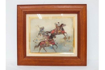 真作　田屋幸男作　油彩　F3号　「人と馬」　疾走する騎馬武者を描いた絵画　(R-087204)
