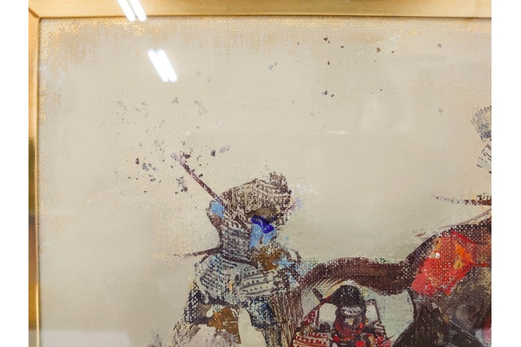 真作　田屋幸男作　油彩　F3号　「人と馬」　疾走する騎馬武者を描いた絵画　(R-087204)