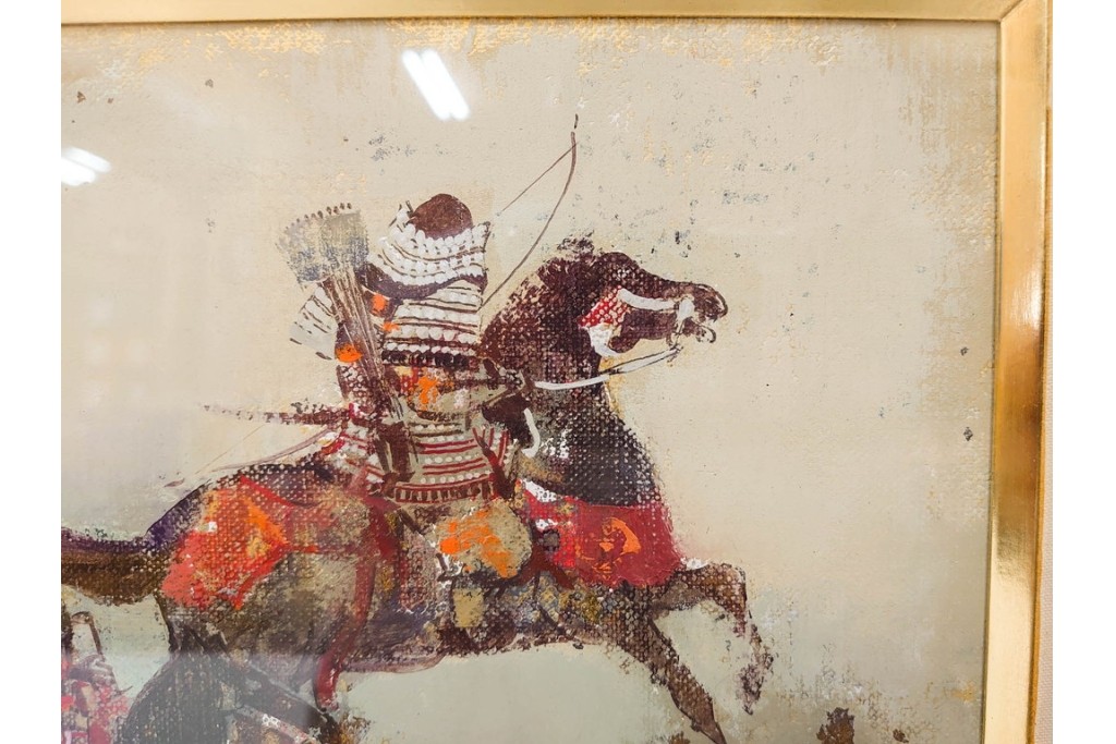 真作　田屋幸男作　油彩　F3号　「人と馬」　疾走する騎馬武者を描いた絵画　(R-087204)