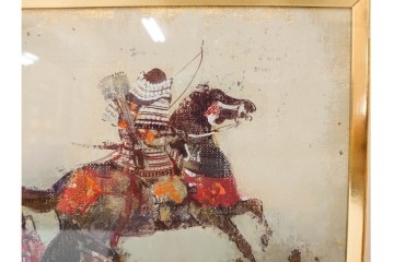 真作　田屋幸男作　油彩　F3号　「人と馬」　疾走する騎馬武者を描いた絵画　(R-087204)