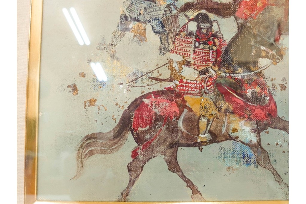 真作　田屋幸男作　油彩　F3号　「人と馬」　疾走する騎馬武者を描いた絵画　(R-087204)