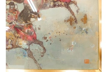 真作　田屋幸男作　油彩　F3号　「人と馬」　疾走する騎馬武者を描いた絵画　(R-087204)