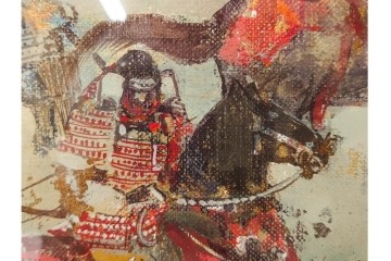 真作　田屋幸男作　油彩　F3号　「人と馬」　疾走する騎馬武者を描いた絵画　(R-087204)