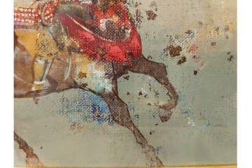 真作　田屋幸男作　油彩　F3号　「人と馬」　疾走する騎馬武者を描いた絵画　(R-087204)