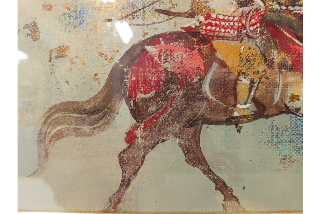 真作　田屋幸男作　油彩　F3号　「人と馬」　疾走する騎馬武者を描いた絵画　(R-087204)