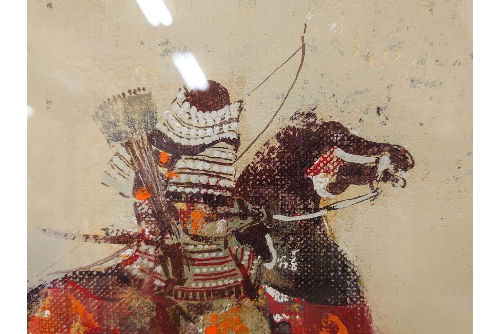 真作　田屋幸男作　油彩　F3号　「人と馬」　疾走する騎馬武者を描いた絵画　(R-087204)