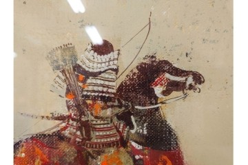 真作　田屋幸男作　油彩　F3号　「人と馬」　疾走する騎馬武者を描いた絵画　(R-087204)