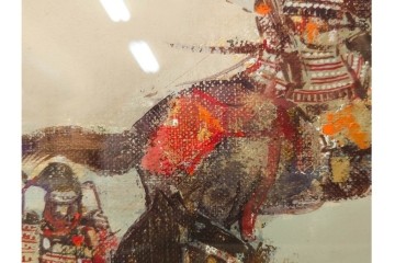 真作　田屋幸男作　油彩　F3号　「人と馬」　疾走する騎馬武者を描いた絵画　(R-087204)