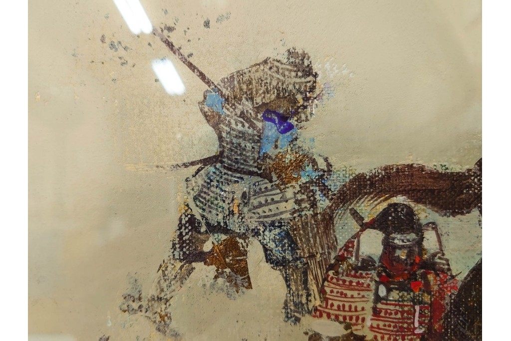 真作　田屋幸男作　油彩　F3号　「人と馬」　疾走する騎馬武者を描いた絵画　(R-087204)