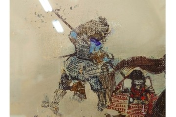 真作　田屋幸男作　油彩　F3号　「人と馬」　疾走する騎馬武者を描いた絵画　(R-087204)