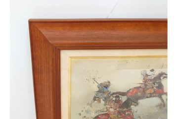 真作　田屋幸男作　油彩　F3号　「人と馬」　疾走する騎馬武者を描いた絵画　(R-087204)