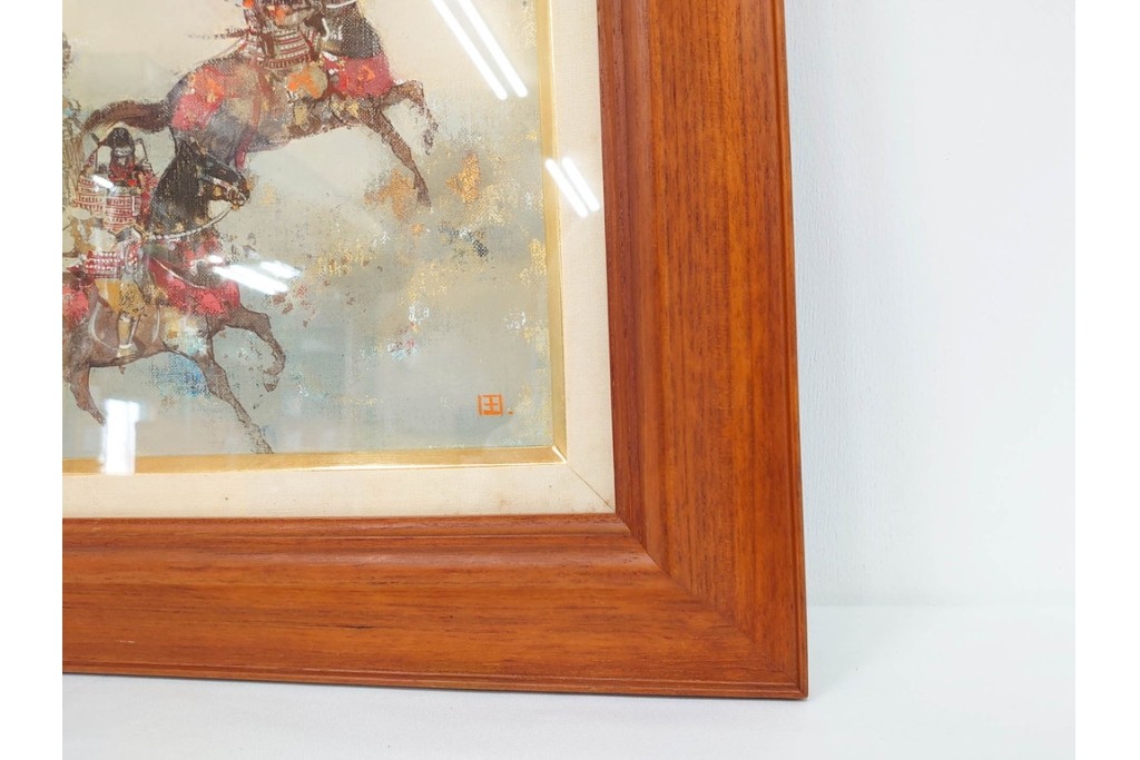 真作　田屋幸男作　油彩　F3号　「人と馬」　疾走する騎馬武者を描いた絵画　(R-087204)