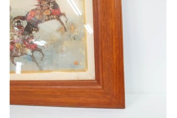 真作　田屋幸男作　油彩　F3号　「人と馬」　疾走する騎馬武者を描いた絵画　(R-087204)