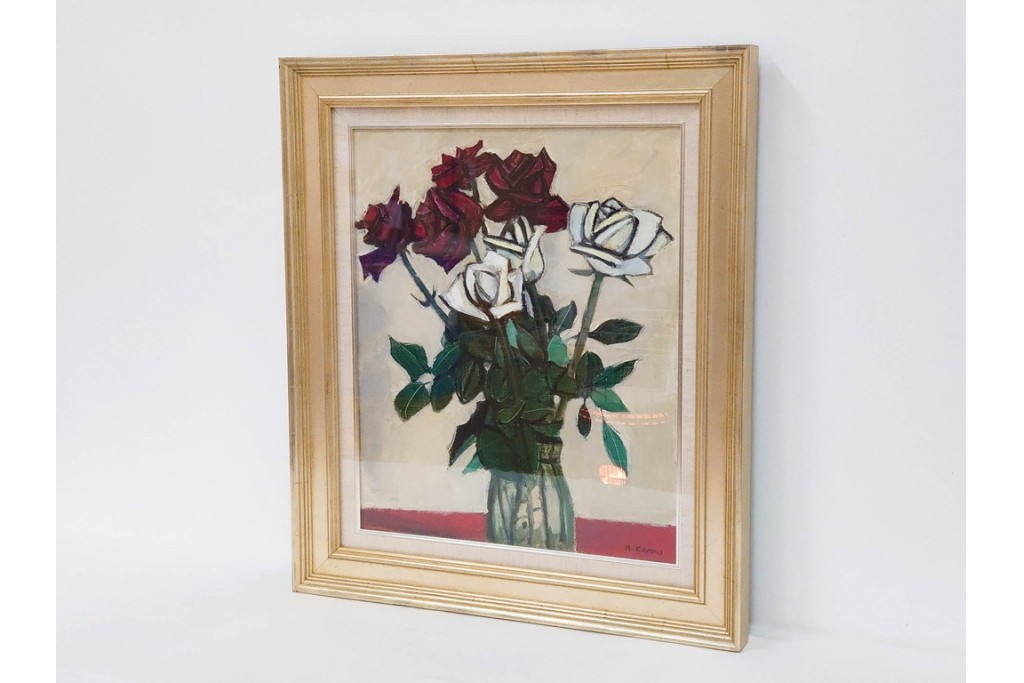 真作　1963年　狩野寿一　油彩　F8号　「ばら」　赤と白の色彩対比が印象的な絵画　(R-087205)