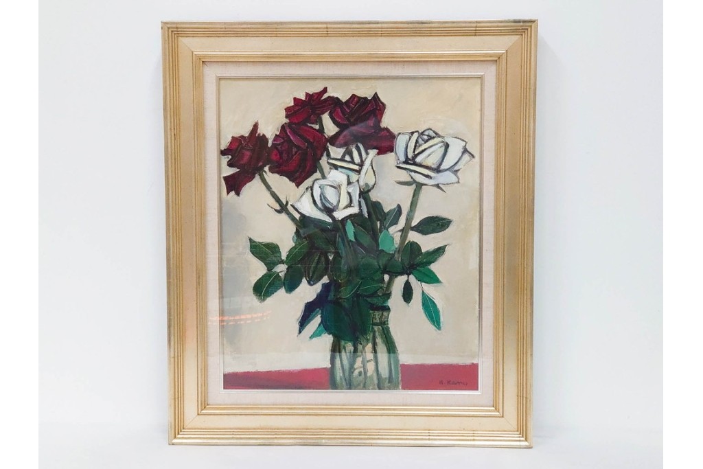 真作　1963年　狩野寿一　油彩　F8号　「ばら」　赤と白の色彩対比が印象的な絵画　(R-087205)