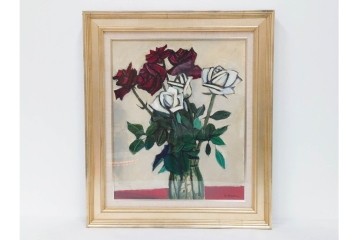 真作　1963年　狩野寿一　油彩　F8号　「ばら」　赤と白の色彩対比が印象的な絵画　(R-087205)