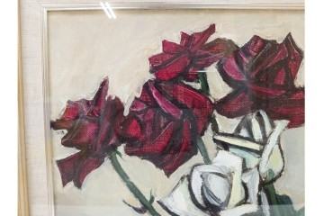 真作　1963年　狩野寿一　油彩　F8号　「ばら」　赤と白の色彩対比が印象的な絵画　(R-087205)