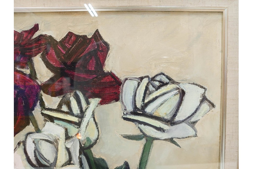 真作　1963年　狩野寿一　油彩　F8号　「ばら」　赤と白の色彩対比が印象的な絵画　(R-087205)