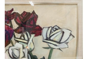 真作　1963年　狩野寿一　油彩　F8号　「ばら」　赤と白の色彩対比が印象的な絵画　(R-087205)