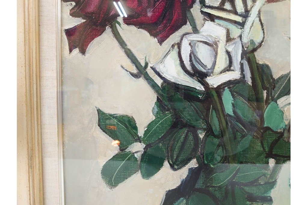 真作　1963年　狩野寿一　油彩　F8号　「ばら」　赤と白の色彩対比が印象的な絵画　(R-087205)