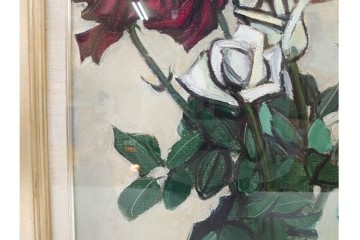真作　1963年　狩野寿一　油彩　F8号　「ばら」　赤と白の色彩対比が印象的な絵画　(R-087205)