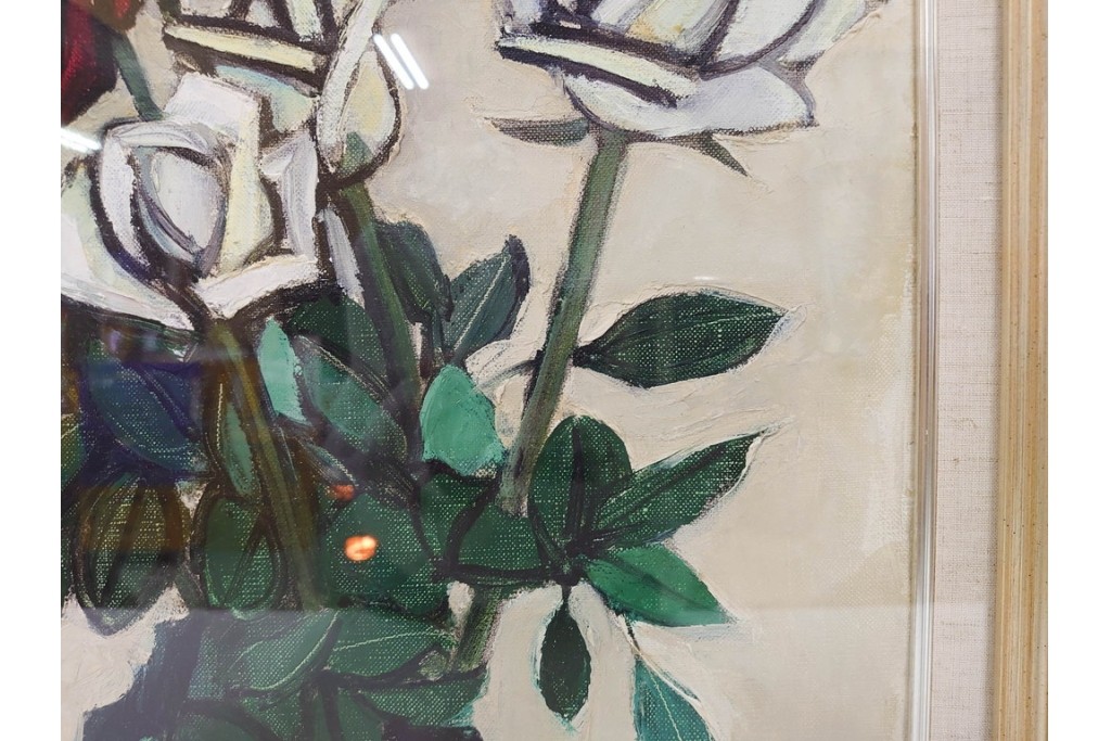 真作　1963年　狩野寿一　油彩　F8号　「ばら」　赤と白の色彩対比が印象的な絵画　(R-087205)