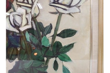 真作　1963年　狩野寿一　油彩　F8号　「ばら」　赤と白の色彩対比が印象的な絵画　(R-087205)