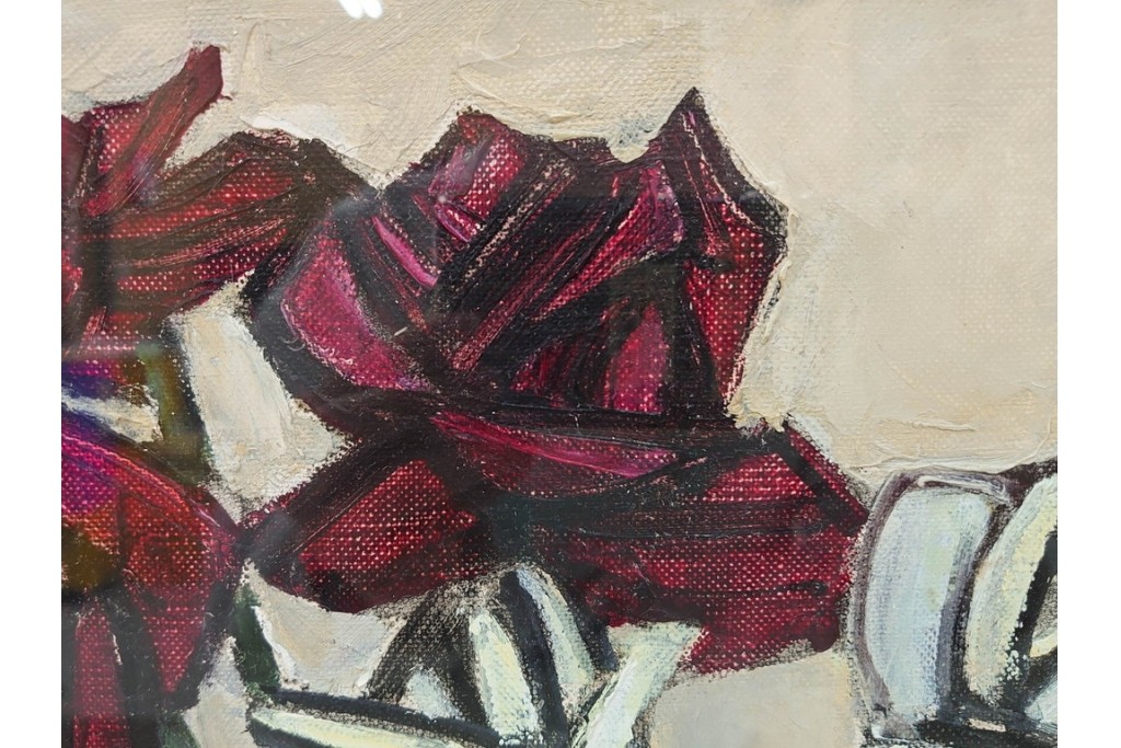 真作　1963年　狩野寿一　油彩　F8号　「ばら」　赤と白の色彩対比が印象的な絵画　(R-087205)