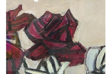 真作　1963年　狩野寿一　油彩　F8号　「ばら」　赤と白の色彩対比が印象的な絵画　(R-087205)
