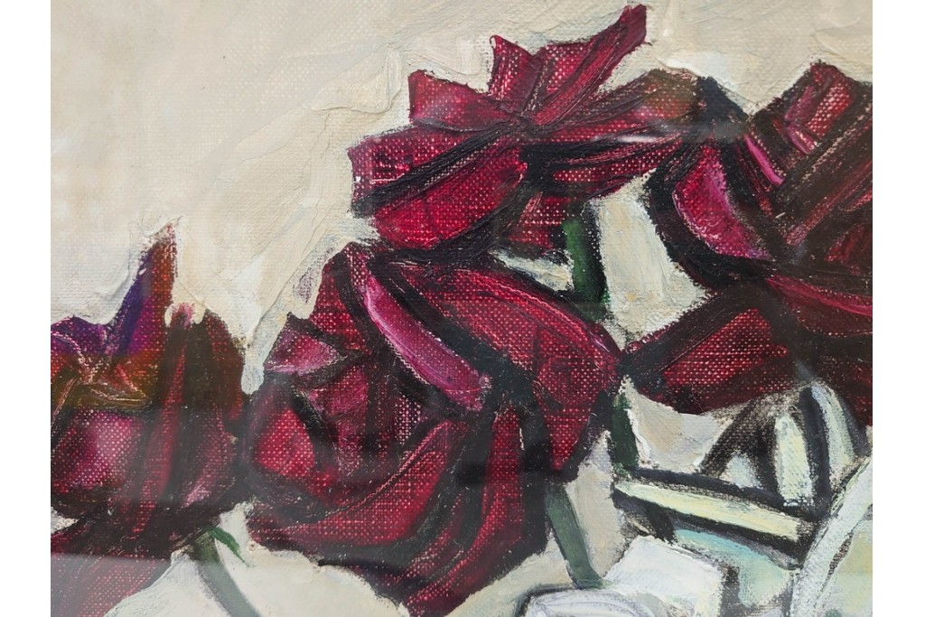 真作　1963年　狩野寿一　油彩　F8号　「ばら」　赤と白の色彩対比が印象的な絵画　(R-087205)