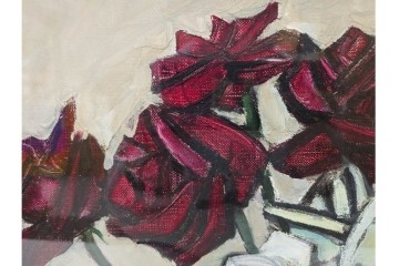 真作　1963年　狩野寿一　油彩　F8号　「ばら」　赤と白の色彩対比が印象的な絵画　(R-087205)