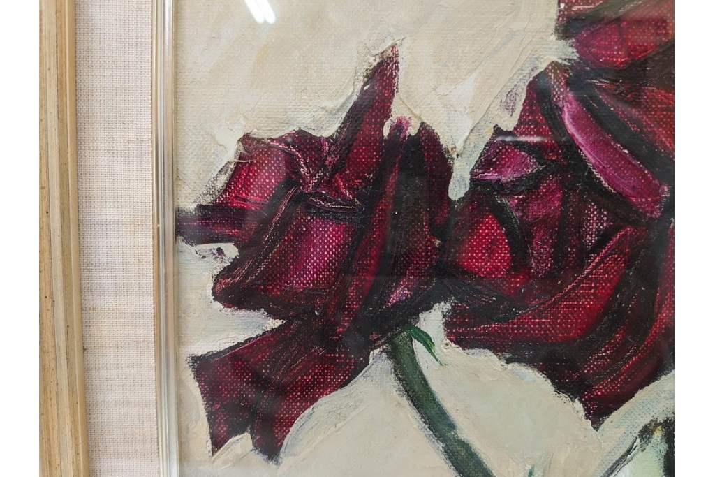 真作　1963年　狩野寿一　油彩　F8号　「ばら」　赤と白の色彩対比が印象的な絵画　(R-087205)