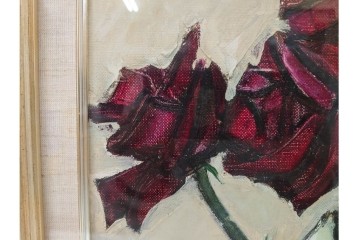 真作　1963年　狩野寿一　油彩　F8号　「ばら」　赤と白の色彩対比が印象的な絵画　(R-087205)