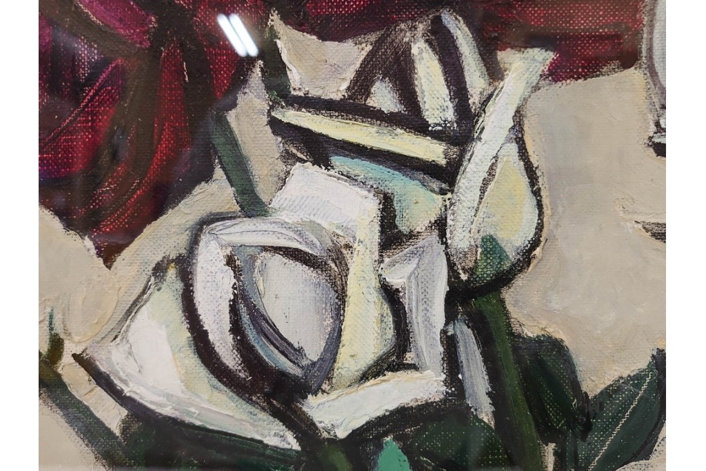 真作　1963年　狩野寿一　油彩　F8号　「ばら」　赤と白の色彩対比が印象的な絵画　(R-087205)