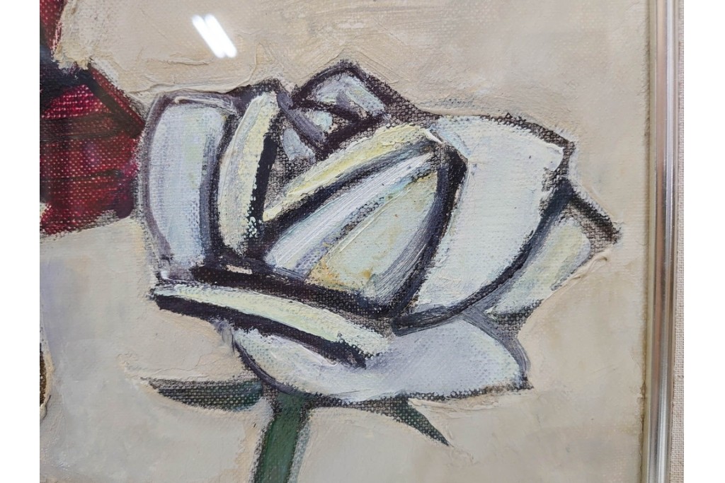 真作　1963年　狩野寿一　油彩　F8号　「ばら」　赤と白の色彩対比が印象的な絵画　(R-087205)