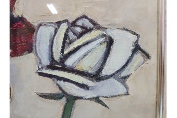 真作　1963年　狩野寿一　油彩　F8号　「ばら」　赤と白の色彩対比が印象的な絵画　(R-087205)