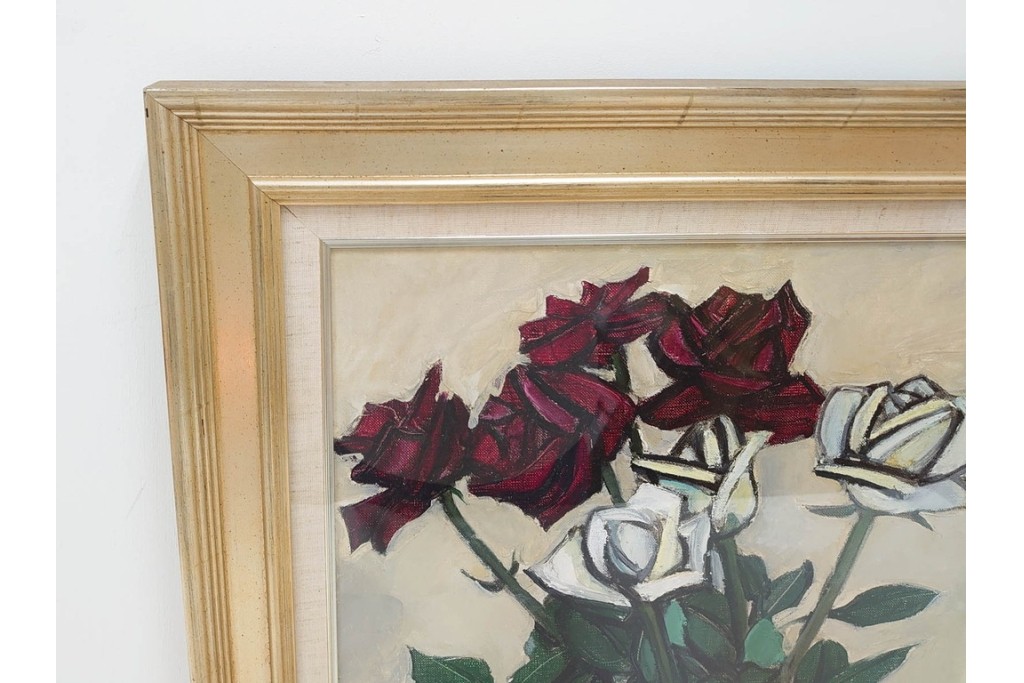 真作　1963年　狩野寿一　油彩　F8号　「ばら」　赤と白の色彩対比が印象的な絵画　(R-087205)