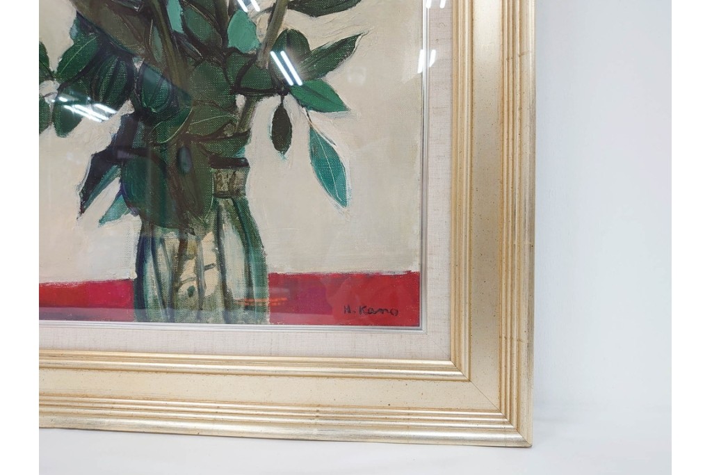 真作　1963年　狩野寿一　油彩　F8号　「ばら」　赤と白の色彩対比が印象的な絵画　(R-087205)