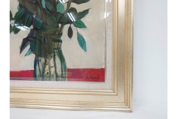 真作　1963年　狩野寿一　油彩　F8号　「ばら」　赤と白の色彩対比が印象的な絵画　(R-087205)