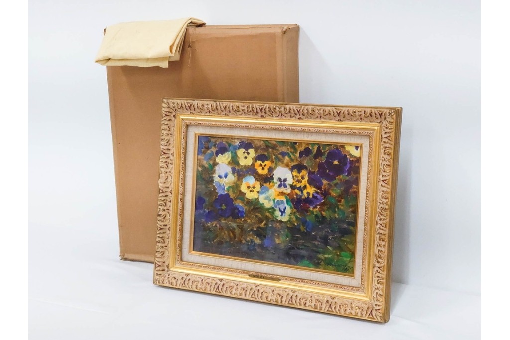 真作　イワン・フィリッポヴィチ・チトフ作　月光荘取り扱い　現代ソビエト絵画　油彩　P5号　「パンジー」　外箱付き　(R-087206)