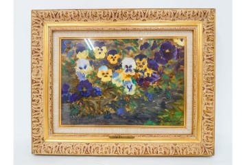 真作　イワン・フィリッポヴィチ・チトフ作　月光荘取り扱い　現代ソビエト絵画　油彩　P5号　「パンジー」　外箱付き　(R-087206)
