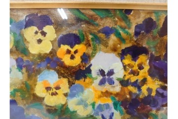 真作　イワン・フィリッポヴィチ・チトフ作　月光荘取り扱い　現代ソビエト絵画　油彩　P5号　「パンジー」　外箱付き　(R-087206)