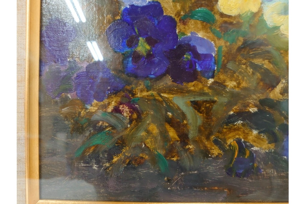 真作　イワン・フィリッポヴィチ・チトフ作　月光荘取り扱い　現代ソビエト絵画　油彩　P5号　「パンジー」　外箱付き　(R-087206)