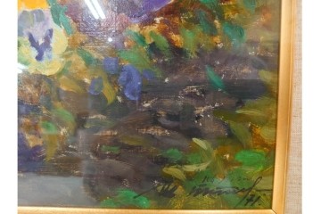 真作　イワン・フィリッポヴィチ・チトフ作　月光荘取り扱い　現代ソビエト絵画　油彩　P5号　「パンジー」　外箱付き　(R-087206)
