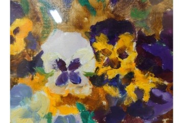 真作　イワン・フィリッポヴィチ・チトフ作　月光荘取り扱い　現代ソビエト絵画　油彩　P5号　「パンジー」　外箱付き　(R-087206)