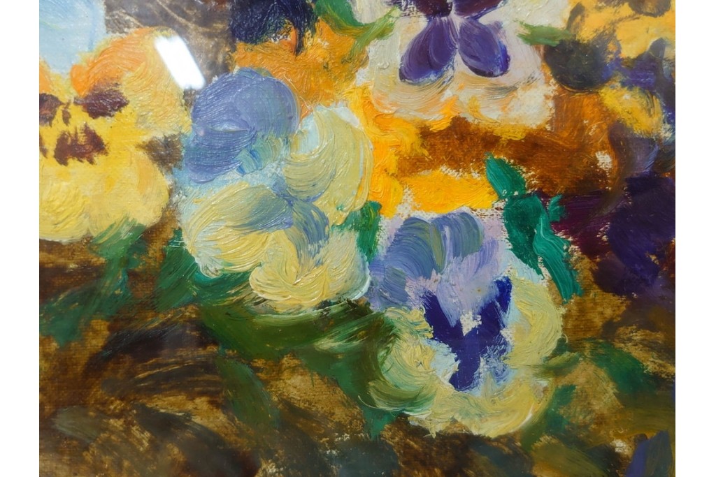 真作　イワン・フィリッポヴィチ・チトフ作　月光荘取り扱い　現代ソビエト絵画　油彩　P5号　「パンジー」　外箱付き　(R-087206)