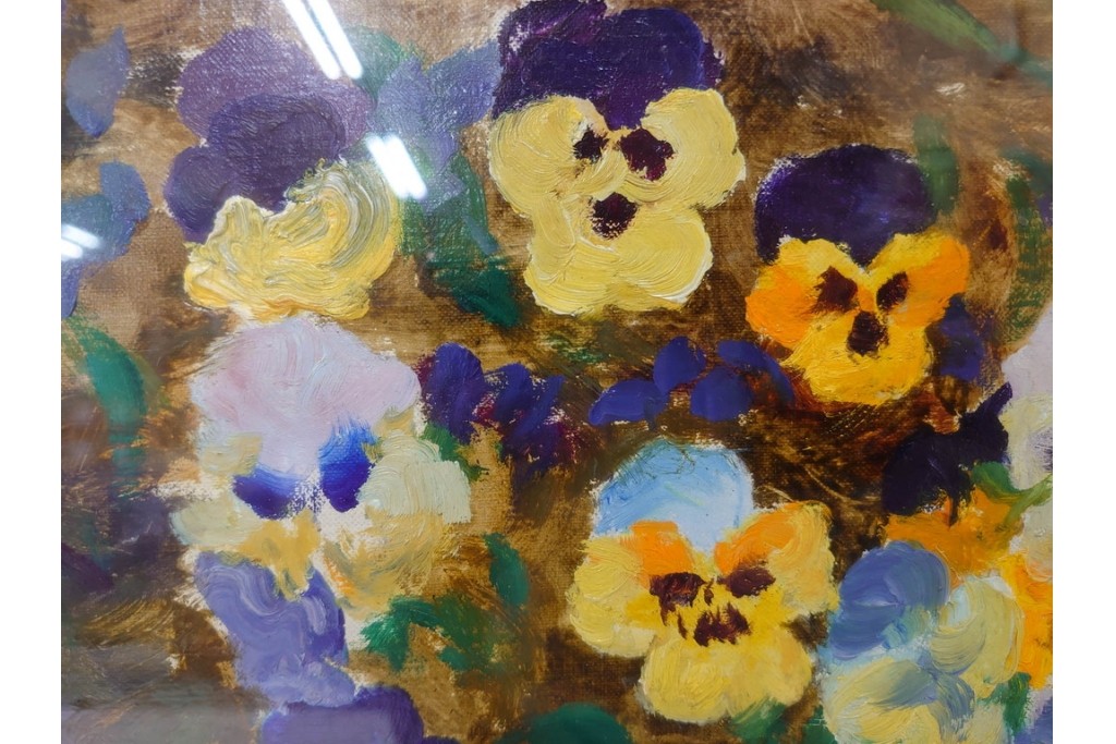 真作　イワン・フィリッポヴィチ・チトフ作　月光荘取り扱い　現代ソビエト絵画　油彩　P5号　「パンジー」　外箱付き　(R-087206)