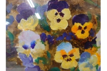 真作　イワン・フィリッポヴィチ・チトフ作　月光荘取り扱い　現代ソビエト絵画　油彩　P5号　「パンジー」　外箱付き　(R-087206)