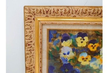 真作　イワン・フィリッポヴィチ・チトフ作　月光荘取り扱い　現代ソビエト絵画　油彩　P5号　「パンジー」　外箱付き　(R-087206)