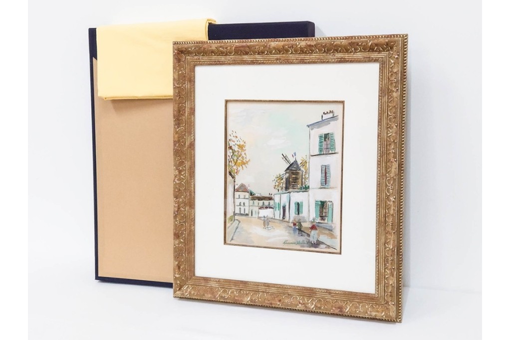 真作　1950年　モーリス・ユトリロ作　三越取り扱い　「モンマルトルのモチーフ(霊感の村)」情感あふれる街並みを描いたポショワール　外箱付き　(R-087208)